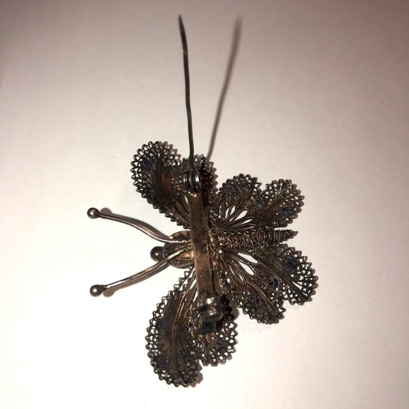 ANTIQUE Silver Filigree Butterfly Brooch w Blue Enamel Spots No Stamp - Tested - Picture 4 of 5